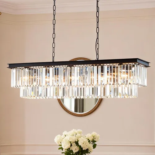 Vista 12 de Lámpara de Araña Moderna de Cristal K9, Luminaria Colgante de Techo Rectangular con 8 Luces para Comedor y Cocina, Acabado en Cromo, L33.5 Pulgadas