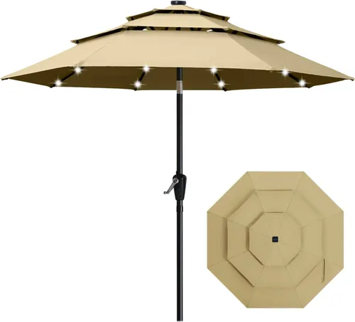 Vista 10 de ABCCANOPY Sombrilla solar de patio de 3 niveles de 11 pies, 32 luces LED Beige