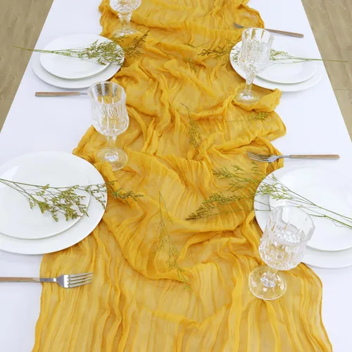 Vista 5 de Camino de mesa de gasa color dorado, 36 x 120 pulgadas, tela rústica de queso, 10 pies, camino de mesa bohemio transparente para recepción, fiesta