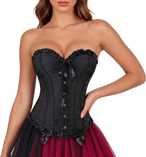 Vista 12 de Zhitunemi - Corsés para disfraz de vampiro para mujer: Corsé floral para mujer, trajes de Moulin, burlesque Beige