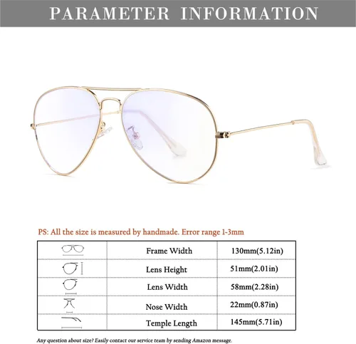 Vista 8 de HJSTES Gafas de Aviador con Lentes Transparentes de Luz Azul para Mujeres y Hombres, Montura de Piloto Clásica, Anteojos sin Prescripción
