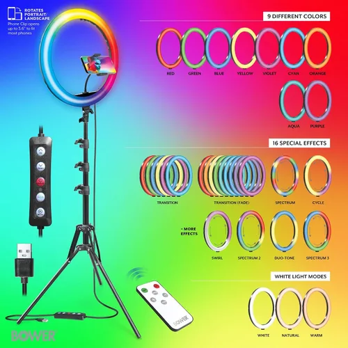 Vista 3 de Bower Anillo de luz con soporte. Luz LED RGB de 16 pulgadas, soporte para teléfono trípode de 62 pulgadas, control remoto inalámbrico, 16 efectos