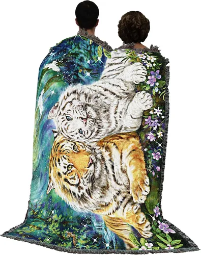 Vista 3 de Pure Country Weavers Manta de tigre del Santuario de la mañana, manta de regalo tejida de algodón, fabricada en los Estados Unidos (72 x 54 pulgadas)
