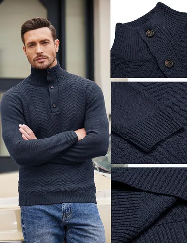 Vista 5 de COOFANDY Suéter de cuello alto Henley de punto trenzado para hombre