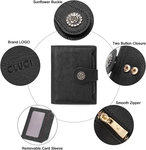 Vista 5 de CLUCI Cartera RFID triple pequeña para mujer, Negro