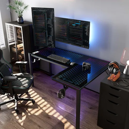 Vista 5 de EUREKA ERGONOMIC Escritorio de Juegos en Forma de L Reversible de 60 Pulgadas de Vidrio Negro con Luces LED RGB, Mesa de Computadora para Oficina