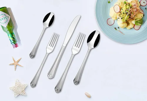 Vista 2 de DECCO - Juego de cubiertos de 20 piezas (tenedor de cena, tenedor de ensalada, cuchillo, cuchara, cucharadita) en cubiertos aptos para lavavajillas