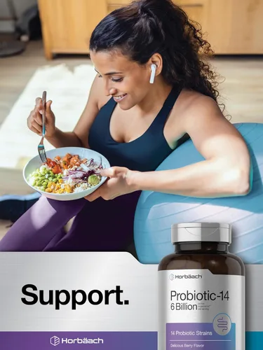 Vista 7 de Horbäach Probióticos 6 mil millones de UFC 200 tabletas masticables Sabor a bayas 14 cepas probióticas Suplemento vegetariano, sin OMG y sin