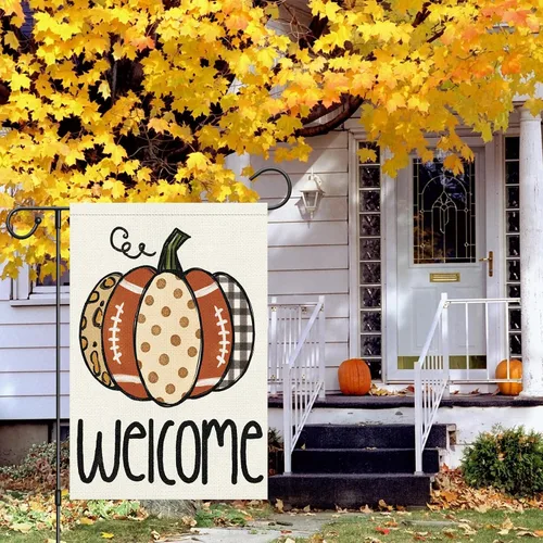 Vista 2 de Louise Maelys Bandera de bienvenida de otoño de 12 x 18 pulgadas, doble cara, pequeña arpillera de otoño, calabaza, fútbol, jardín, otoño, Acción