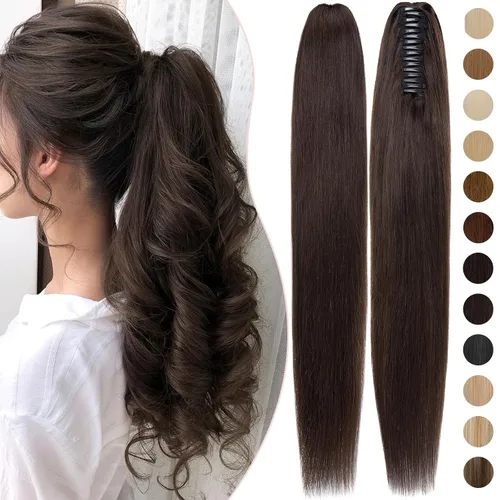 Vista 35 de Rich Choices Extensión de cola de caballo con clip de garra, cabello humano real, una pieza, extensiones de cabello largo Remy para mujer, #18P613