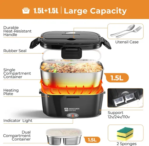 Vista 6 de Annie & Mia Design Lonchera eléctrica portátil de 50 onzas para adultos, calentador de alimentos portátil de doble contenedor, lonchera calentada
