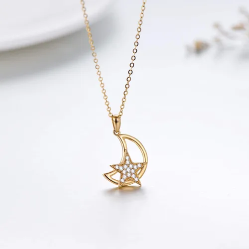 Vista 5 de 14K Solid Gold Moon Necklaces for Women, Real Yellow Gold Moon Star Pendant Necklace with Cubic Zircon Fine Jewelry for Girls 18