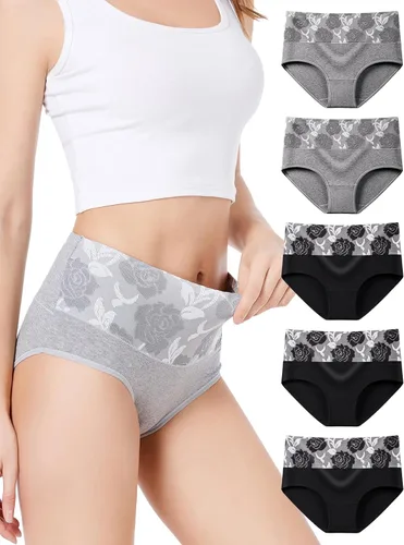 Vista 11 de HAVVIS Bragas Ropa Interior de Mujer de Algodón Cintura Alta Control Abdominal Panties Rosa Jacquard para Damas Multipack Calzoncillos 01 - Paquete
