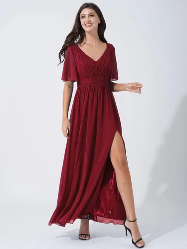 Vista 4 de ranrann Vestido largo de gasa formal para mujer, para boda, dama de honor, con abertura lateral
