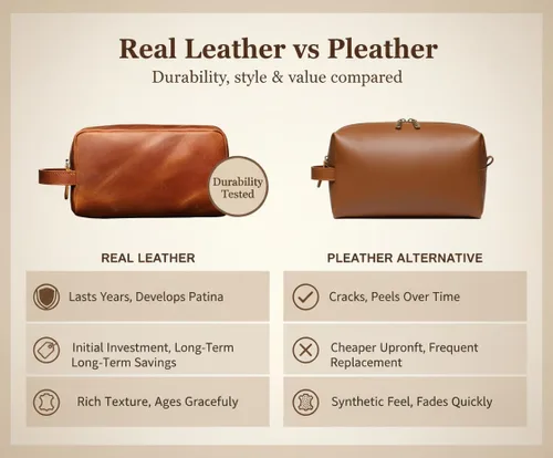 Vista 8 de The Tannery Neceser de cuero genuino para hombres y mujeres, bolsa ligera para unisex, bolsa de maquillaje duradera, el mejor regalo para el día