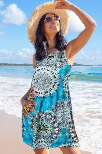 Vista 4 de elescat - Vestidos de verano para mujer, estilo informal, sin mangas, estampado floral, holgado, con bolsillo