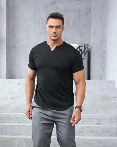 Vista 6 de Camisetas de manga corta para hombre, estilo casual, ajuste regular, cuello en V, a la moda, deportivas, básicas