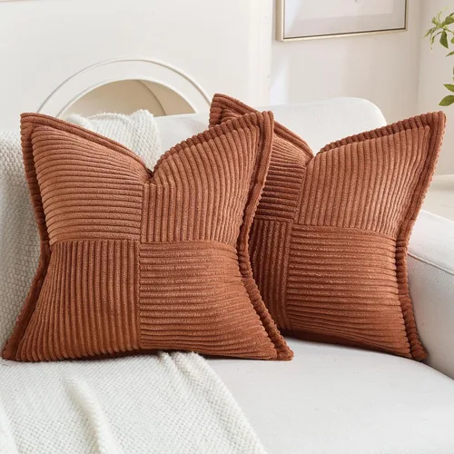 Vista 23 de HAUSSY Paquete de 2 fundas de almohada de 16 x 16 pulgadas, fundas decorativas de pana suave, estilo bohemio, a rayas, sólidas, decoración