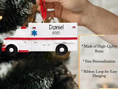 Vista 3 de Adorno de Navidad personalizado de ambulancia 2026 – Personalización gratuita Regalo de recuerdo único para paramédicos médicos de emergencia EMT