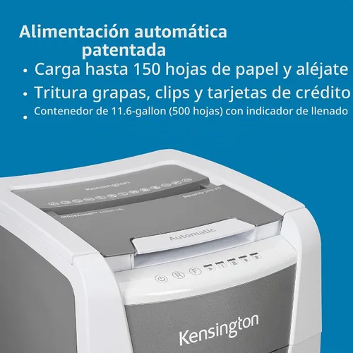 Vista 2 de Kensington Trituradora OfficeAssist de 150 hojas con alimentación automática de microcorte antiatascos de papel y tarjeta de crédito para oficina