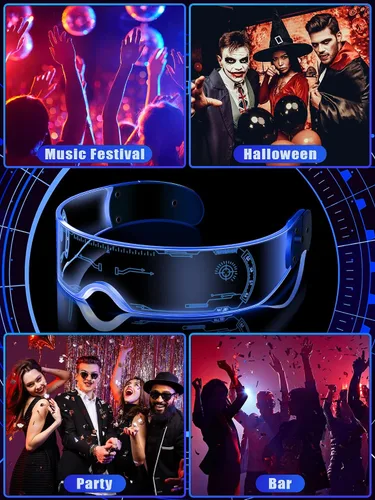 Vista 6 de TOODOO - 2 pares de gafas de visera LED de 7 colores, gafas futuristas, accesorios punk iluminados para disfraz de fiesta Rave
