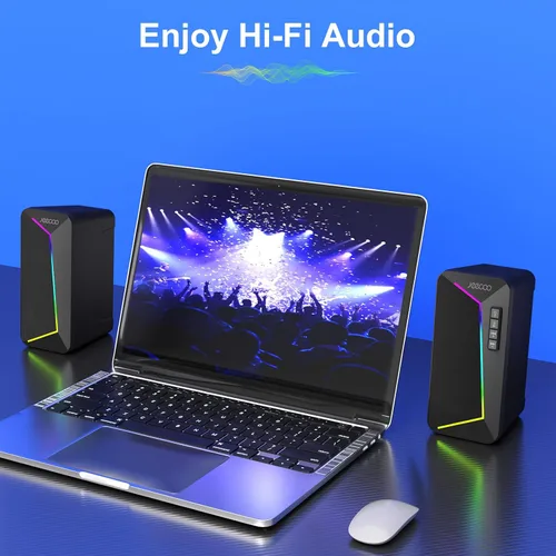 Vista 7 de Jeecoo Altavoces de computadora Bluetooth M30, altavoces RGB para juegos de PC para escritorio con sonido estéreo nítido, modos LED dinámicos