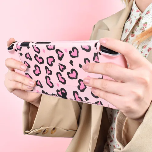 Vista 6 de DLseego Pink Love Leopard Carrying Case for Switch OLED, Cute Silicone Protective Soft Cover with 4PCS Thumb Grip Caps and Pink Plush Heart Pendant