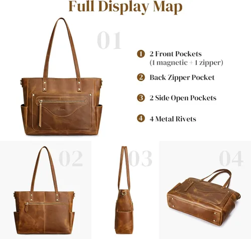 Vista 6 de S-ZONE Bolso de mano de cuero genuino para mujer, bolso de hombro grande, bolso de trabajo cruzado vintage