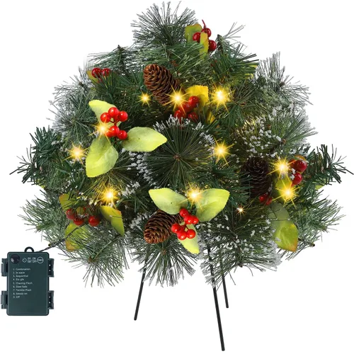 Vista 6 de Glintoper - Relleno de urna de Navidad preiluminado, árboles de pino artificiales mini iluminados de Navidad con soporte de trípode, encendido con 8