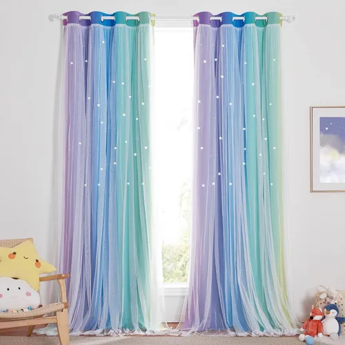 Vista 30 de NICETOWN Cortinas para Dormitorio de Niñas Infantiles con Estrellas Caladas Ventana 2 Capas Cortina 63 Pulgadas de Longitud Oscurecimiento