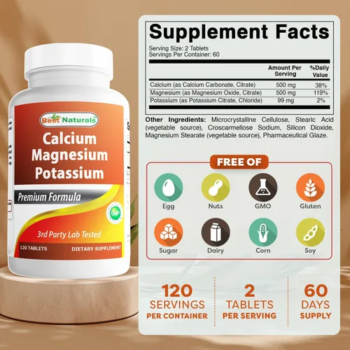 Vista 2 de Best Naturals Calcio Magnesio Potasio - 120 Tabletas - Sin OMG y sin gluten