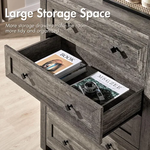 Vista 9 de VanAcc - Cómoda de granja de 5 cajones, cómoda para dormitorio, color gris Cómoda de madera natural de 47 pulgadas de alto, amplio almacenamiento