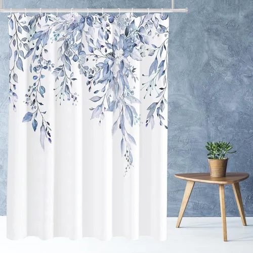 Vista 102 de Tititex - Juego de cortinas de ducha de eucalipto negro, hojas de acuarela gris en la parte superior, con decoración floral de baño, 60 x 72