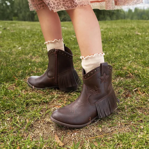 Vista 5 de DREAM PAIRS Botas vaqueras para niñas, estilo vaquero, con cremallera lateral, con borla, para niños pequeños y grandes