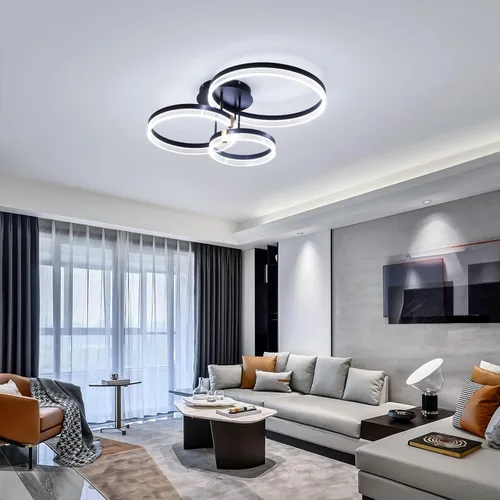 Vista 2 de Lámpara de techo moderna, 3 anillos LED negros cerca del techo, lámpara de techo acrílica regulable de 56 W, lámpara de techo para sala de estar