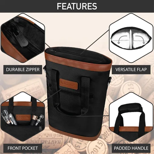 Vista 5 de opux - Portavinos para 2 botellas, bolsa aislada a prueba de fugas para vino, bolsa de enfriamiento portátil para viajes BYOB, picnic, estuche