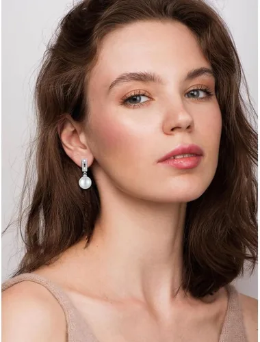 Vista 3 de Pendientes de perlas de plata de ley 925 para mujer, pendientes colgantes con joyas