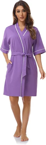 Vista 117 de COLORFULLEAF Bata de baño de manga corta para mujer, 100% algodón, longitud hasta la rodilla, con bolsillos