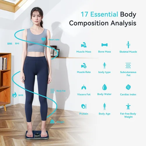 Vista 3 de Báscula inteligente para peso corporal, pantalla doble, báscula digital de baño de alta precisión, analiza 17 métricas de composición corporal