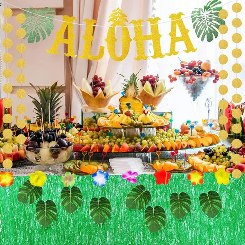 Vista 6 de 22 piezas de falda de mesa de hierba hawaiana Aloha decoración de fiesta que incluye pancarta de Aloha brillante hojas verdes tropicales y falda