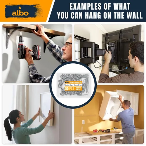 Vista 2 de Kit de anclaje para paneles de yeso Albo Anclajes de pared huecos con tornillos 50 piezas. (Anclaje gris 25 piezas + tornillos 25 piezas) Anclajes