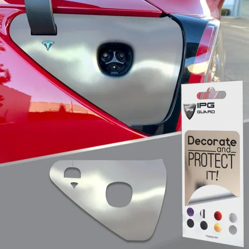 Vista 17 de IPG para Tesla Model 3/Y - Adhesivos de tapa de carga 2021-23 - Juego de pegatinas DIY - Aluminio cepillado oscuro