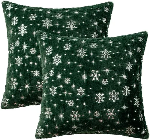 Vista 5 de MIULEE - Juego de 2 fundas de cojín decorativas de Navidad, hechas de piel sintética suave con copos de nieve plateados y brillantina, para Verde