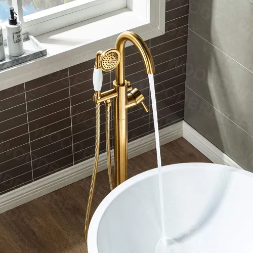 Vista 9 de WOODBRIDGE Grifo de llenado de bañera independiente contemporáneo de una sola manija con ducha de mano en acabado dorado cepillado, F0007-BGVT