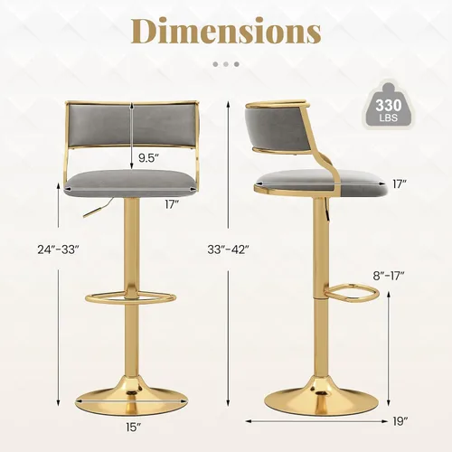 Vista 3 de COSTWAY Taburete giratorio moderno de altura ajustable, juego de 2, gris y dorado Velvet Upholstered Island Stools with Barrel Back & Footrest