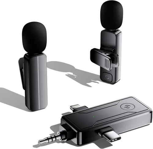 Vista 15 de Paquete de 2 micrófonos inalámbricos mini Lavalier de solapa para iPhone, teléfono Android (2 en 1) - micrófonos duales inalámbricos con clip de 65