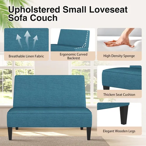 Vista 4 de Acolchado Lino sin brazo settee Loveseat sofá Home informal sala dormidor, Tela, Azul