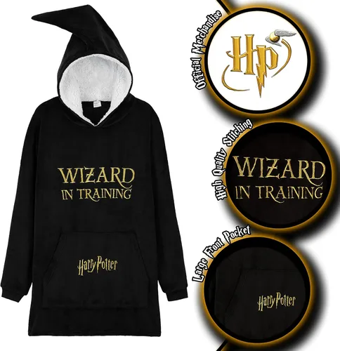 Vista 2 de Harry Potter Manta de gran tamaño con capucha para mujeres, hombres y adolescentes, manta de forro polar Negro