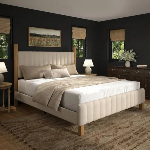 Vista 8 de Yechen Marco de cama de madera de tamaño matrimonial con cabecero, postes de madera maciza y plataforma de pies, no necesita somier, lino beige