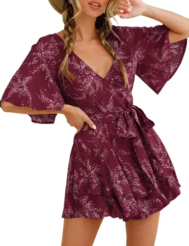 Vista 5 de Relipop Enterizo de verano para mujer, diseño floral, cuello en V, manga corta, cintura con nudo y dobladillo con volantes, overol corto casual